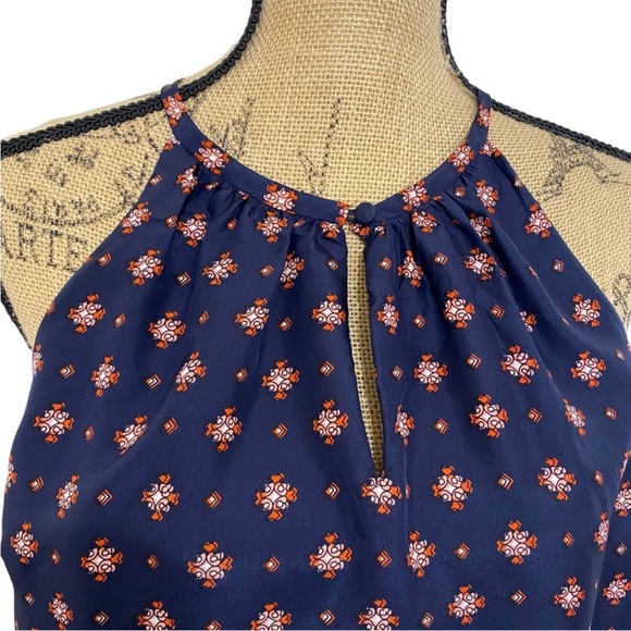 J. Crew Silk Navy Medallion Blouse w/ Keyhole & Button Closure- size 10 - Picture 8 of 11